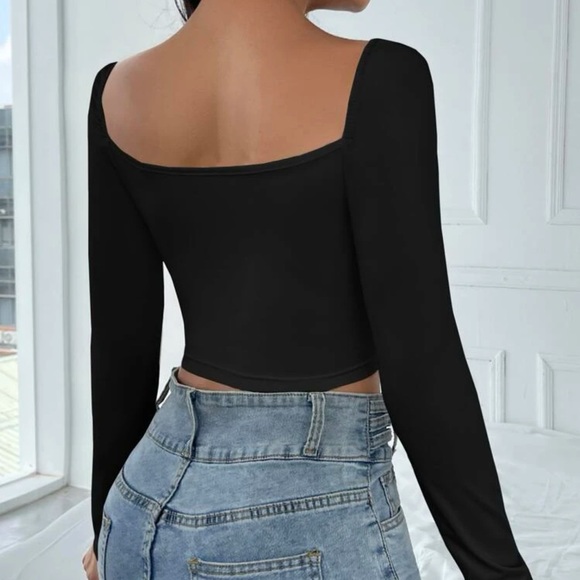 Square neck long sleeve ruched boho crop top black - Picture 4 of 8